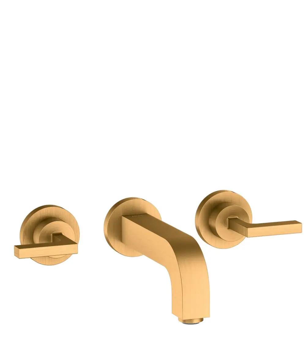 Wandmontierte Waschtischarmatur mit zwei Hebelgriffen und geschwungenem Auslauf in gebürstetem Gold-Finish von AXOR.